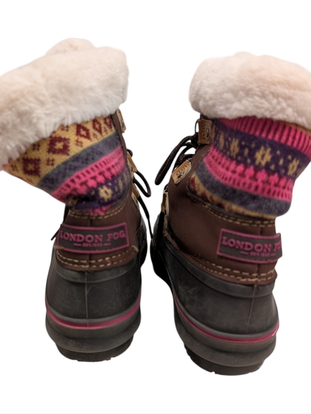 London Fog Brown and Pink Faux-Fur Winter Duck Boots - Picture 2 of 7